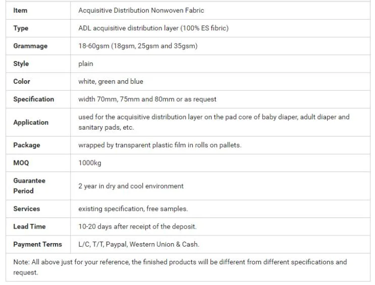 Acquisition Distribution Layer Nonwoven for Baby Diaper Sanitary Napkins